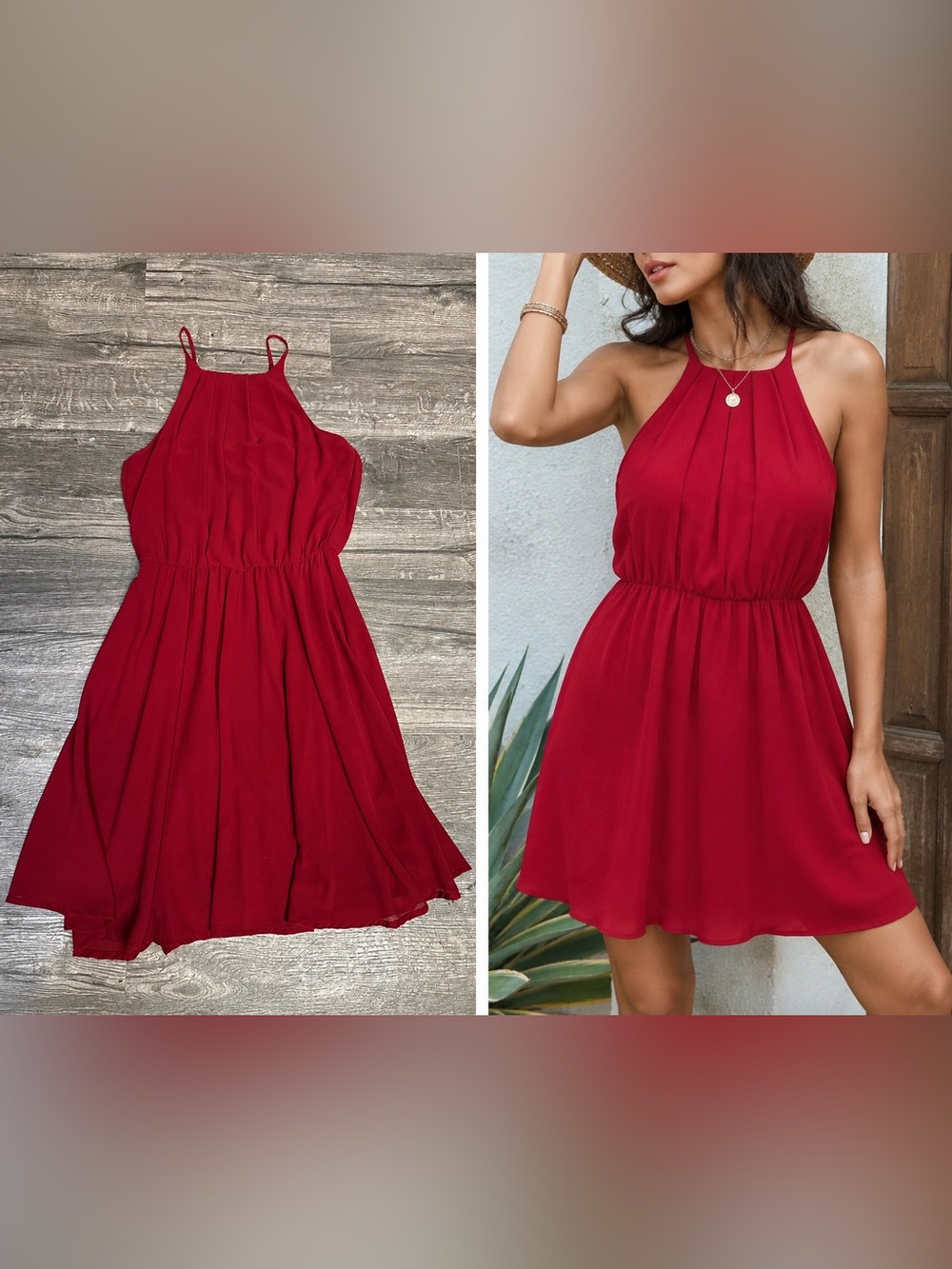 Miami Burgundy Halter Mini Dress Flowy Pleated Sleeveless Party Dress